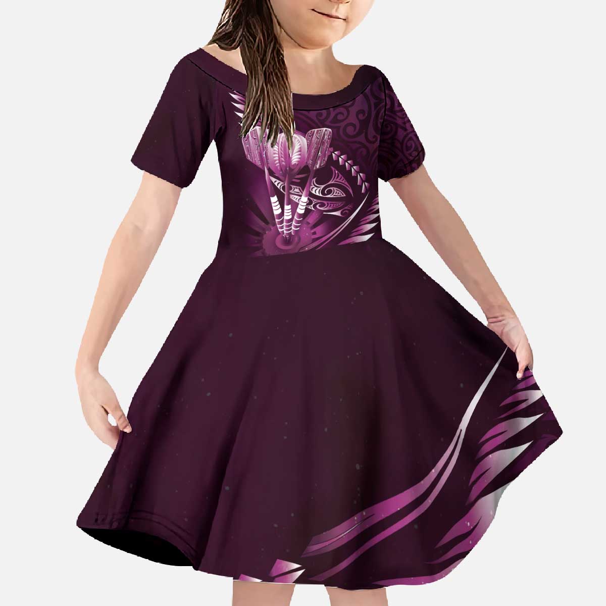 Personalised All Pink New Zealand Darts Family Matching Off The Shoulder Long Sleeve Dress and Hawaiian Shirt Aoteroa Fern Maori Galaxy Style LT14 Daughter's Dress Pink - Polynesian Pride