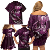 Personalised All Pink New Zealand Darts Family Matching Off Shoulder Short Dress and Hawaiian Shirt Aoteroa Fern Maori Galaxy Style LT14 - Polynesian Pride