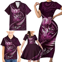 Personalised All Pink New Zealand Darts Family Matching Short Sleeve Bodycon Dress and Hawaiian Shirt Aoteroa Fern Maori Galaxy Style LT14 - Polynesian Pride