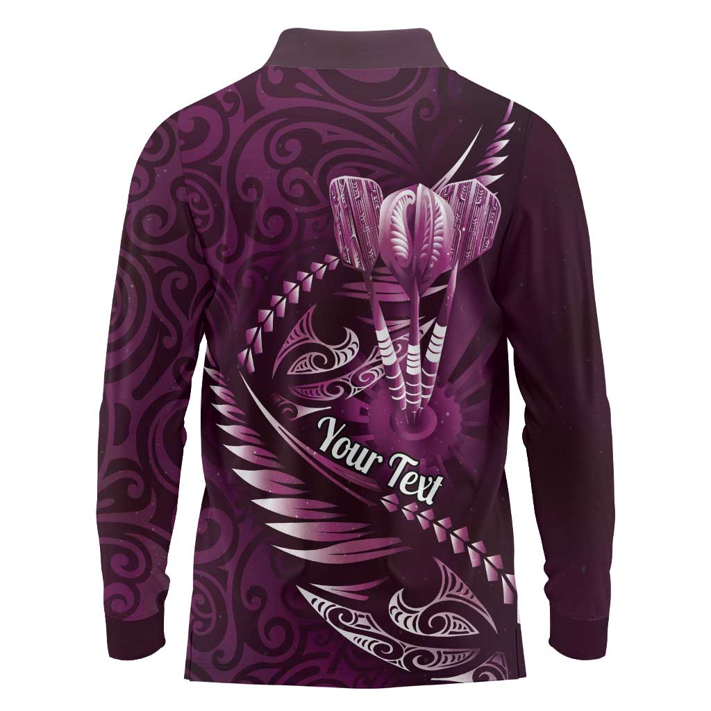 Personalised All Pink New Zealand Darts Long Sleeve Polo Shirt Aoteroa Fern Maori Galaxy Style