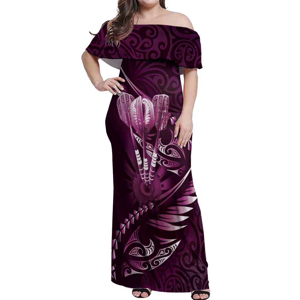 Personalised All Pink New Zealand Darts Off Shoulder Maxi Dress Aoteroa Fern Maori Galaxy Style LT14 Women Pink - Polynesian Pride