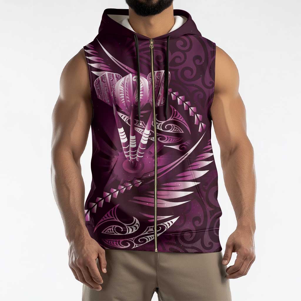 Personalised All Pink New Zealand Darts Sleeveless Zip Hoodie Aoteroa Fern Maori Galaxy Style - Polynesian Pride