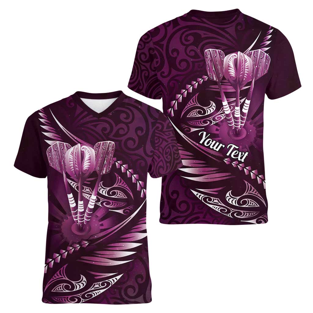 Personalised All Pink New Zealand Darts Women V-Neck T-Shirt Aoteroa Fern Maori Galaxy Style LT14 - Polynesian Pride