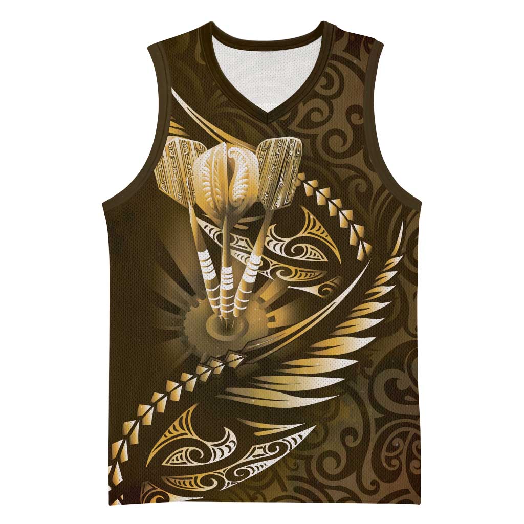 Personalised All Gold New Zealand Darts Basketball Jersey Aoteroa Fern Maori Galaxy Style - Polynesian Pride