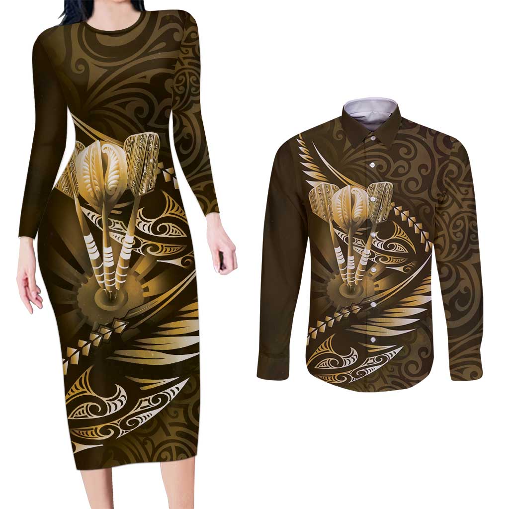 Personalised All Gold New Zealand Darts Couples Matching Long Sleeve Bodycon Dress and Long Sleeve Button Shirt Aoteroa Fern Maori Galaxy Style LT14 Gold - Polynesian Pride