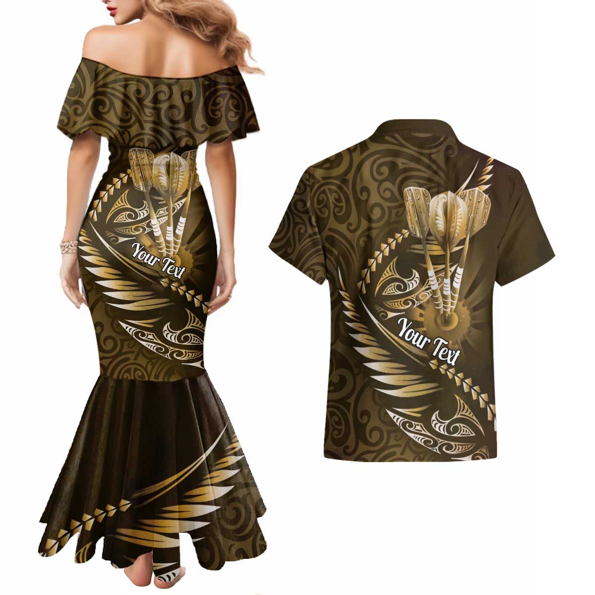 Personalised All Gold New Zealand Darts Couples Matching Mermaid Dress and Hawaiian Shirt Aoteroa Fern Maori Galaxy Style LT14 - Polynesian Pride