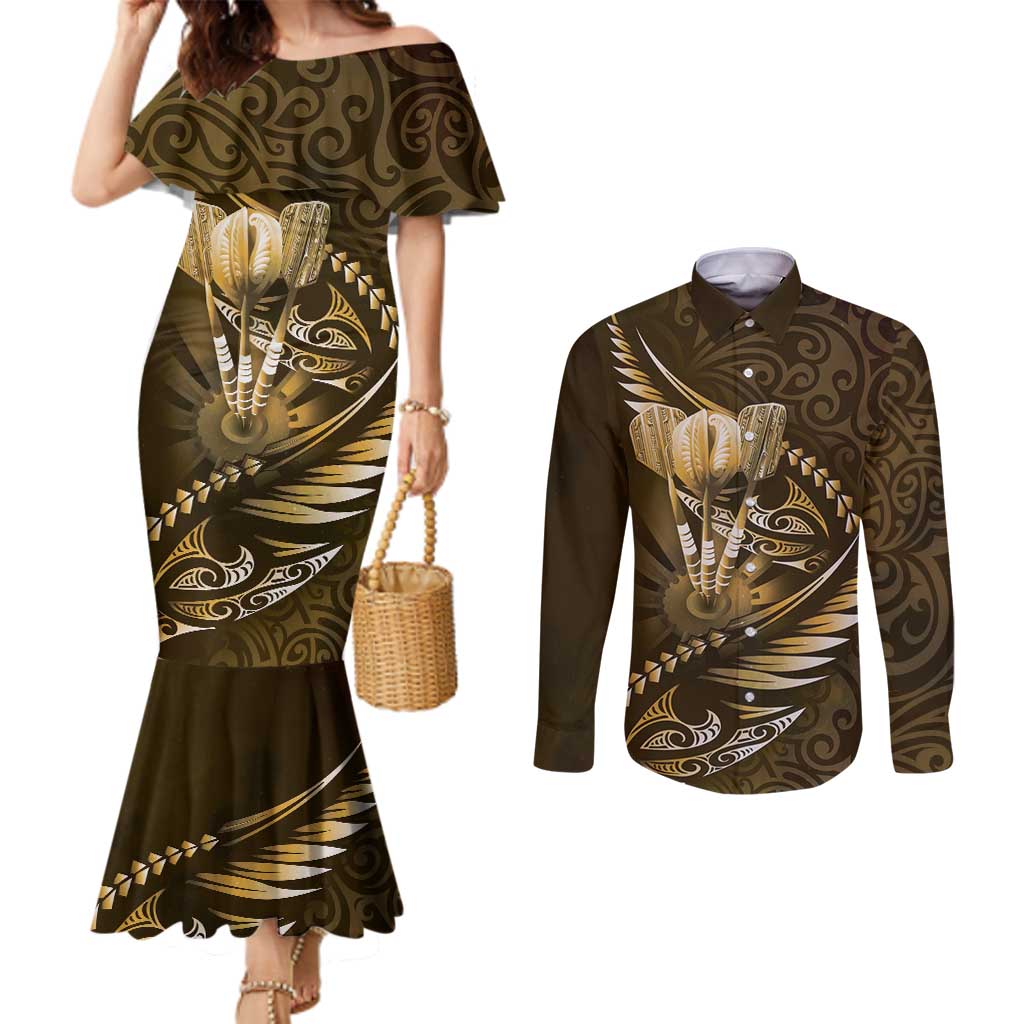 Personalised All Gold New Zealand Darts Couples Matching Mermaid Dress and Long Sleeve Button Shirt Aoteroa Fern Maori Galaxy Style
