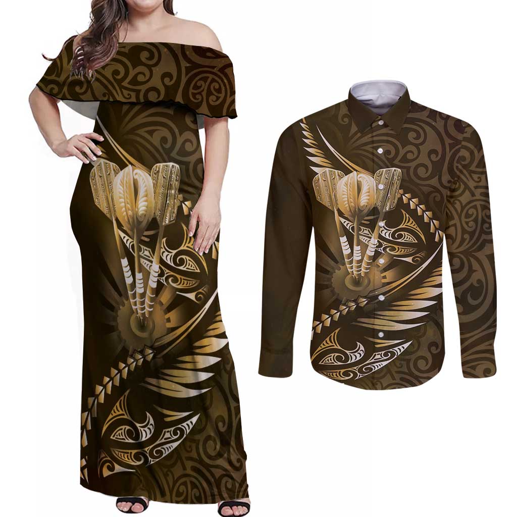Personalised All Gold New Zealand Darts Couples Matching Off Shoulder Maxi Dress and Long Sleeve Button Shirt Aoteroa Fern Maori Galaxy Style