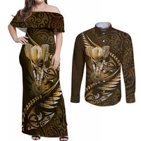 Personalised All Gold New Zealand Darts Couples Matching Off Shoulder Maxi Dress and Long Sleeve Button Shirt Aoteroa Fern Maori Galaxy Style LT14 Gold - Polynesian Pride
