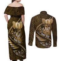 Personalised All Gold New Zealand Darts Couples Matching Off Shoulder Maxi Dress and Long Sleeve Button Shirt Aoteroa Fern Maori Galaxy Style LT14 - Polynesian Pride