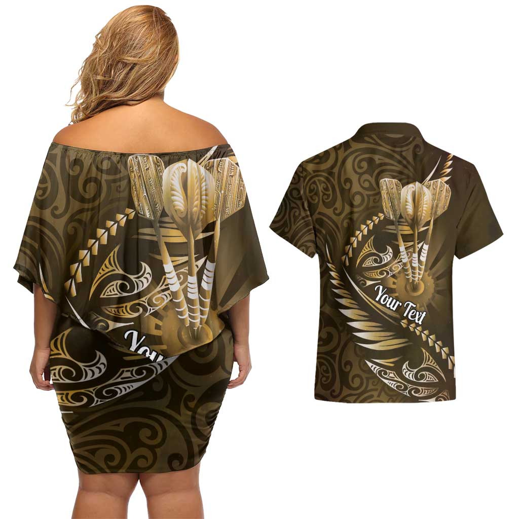 Personalised All Gold New Zealand Darts Couples Matching Off Shoulder Short Dress and Hawaiian Shirt Aoteroa Fern Maori Galaxy Style LT14 - Polynesian Pride