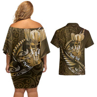 Personalised All Gold New Zealand Darts Couples Matching Off Shoulder Short Dress and Hawaiian Shirt Aoteroa Fern Maori Galaxy Style LT14 - Polynesian Pride