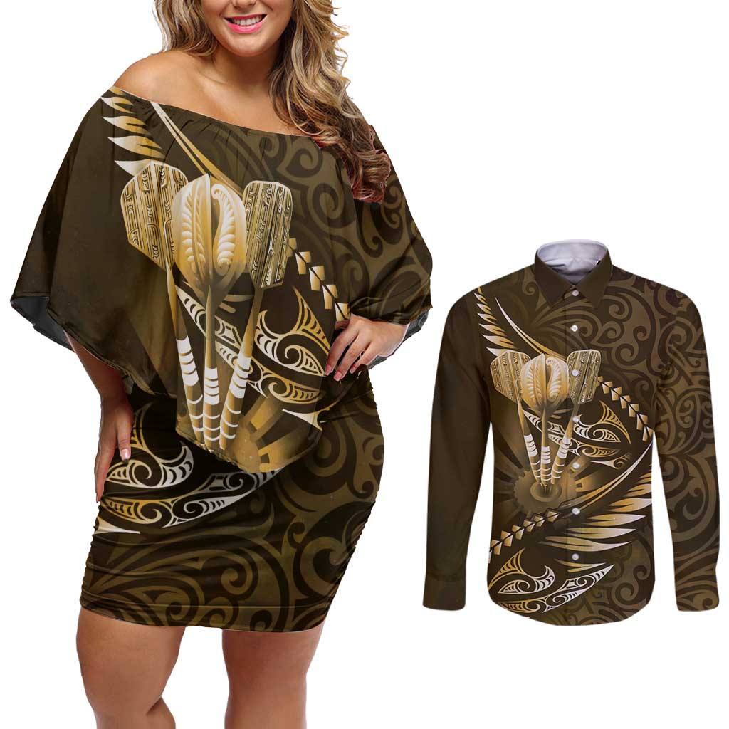 Personalised All Gold New Zealand Darts Couples Matching Off Shoulder Short Dress and Long Sleeve Button Shirt Aoteroa Fern Maori Galaxy Style LT14 Gold - Polynesian Pride