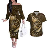 Personalised All Gold New Zealand Darts Couples Matching Off The Shoulder Long Sleeve Dress and Hawaiian Shirt Aoteroa Fern Maori Galaxy Style LT14 Gold - Polynesian Pride