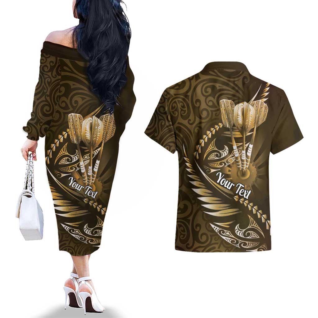 Personalised All Gold New Zealand Darts Couples Matching Off The Shoulder Long Sleeve Dress and Hawaiian Shirt Aoteroa Fern Maori Galaxy Style LT14 - Polynesian Pride