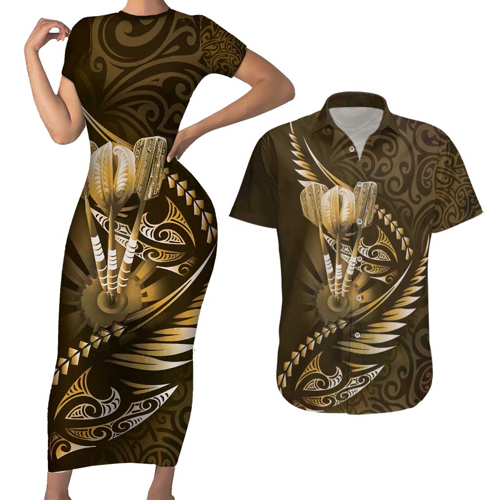 Personalised All Gold New Zealand Darts Couples Matching Short Sleeve Bodycon Dress and Hawaiian Shirt Aoteroa Fern Maori Galaxy Style LT14 Gold - Polynesian Pride