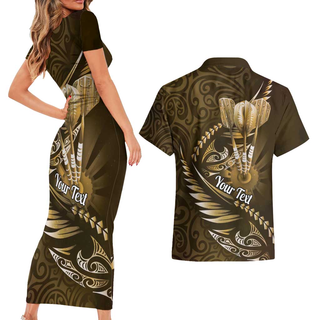Personalised All Gold New Zealand Darts Couples Matching Short Sleeve Bodycon Dress and Hawaiian Shirt Aoteroa Fern Maori Galaxy Style LT14 - Polynesian Pride