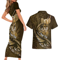 Personalised All Gold New Zealand Darts Couples Matching Short Sleeve Bodycon Dress and Hawaiian Shirt Aoteroa Fern Maori Galaxy Style LT14 - Polynesian Pride