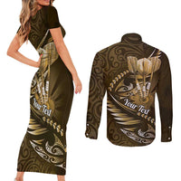 Personalised All Gold New Zealand Darts Couples Matching Short Sleeve Bodycon Dress and Long Sleeve Button Shirt Aoteroa Fern Maori Galaxy Style LT14 - Polynesian Pride