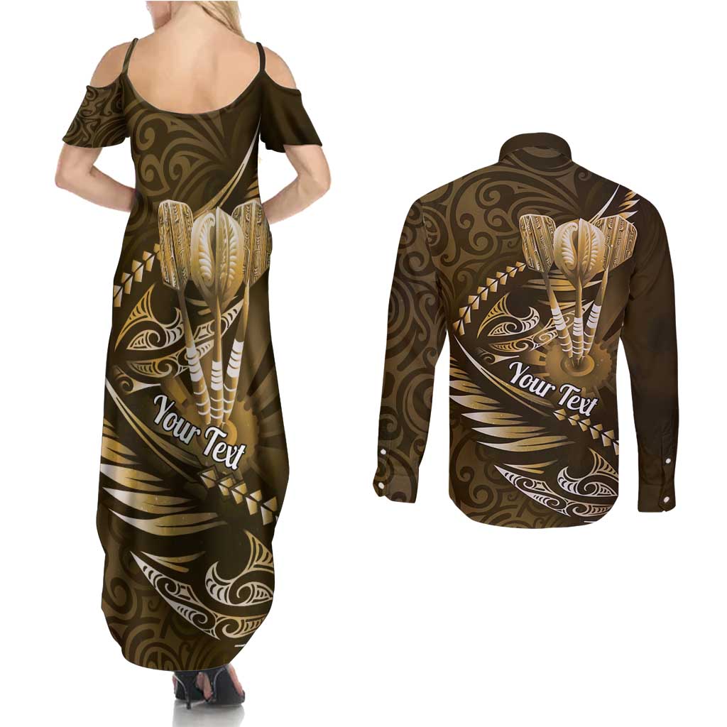Personalised All Gold New Zealand Darts Couples Matching Summer Maxi Dress and Long Sleeve Button Shirt Aoteroa Fern Maori Galaxy Style LT14 - Polynesian Pride
