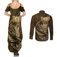 Personalised All Gold New Zealand Darts Couples Matching Summer Maxi Dress and Long Sleeve Button Shirt Aoteroa Fern Maori Galaxy Style LT14 - Polynesian Pride