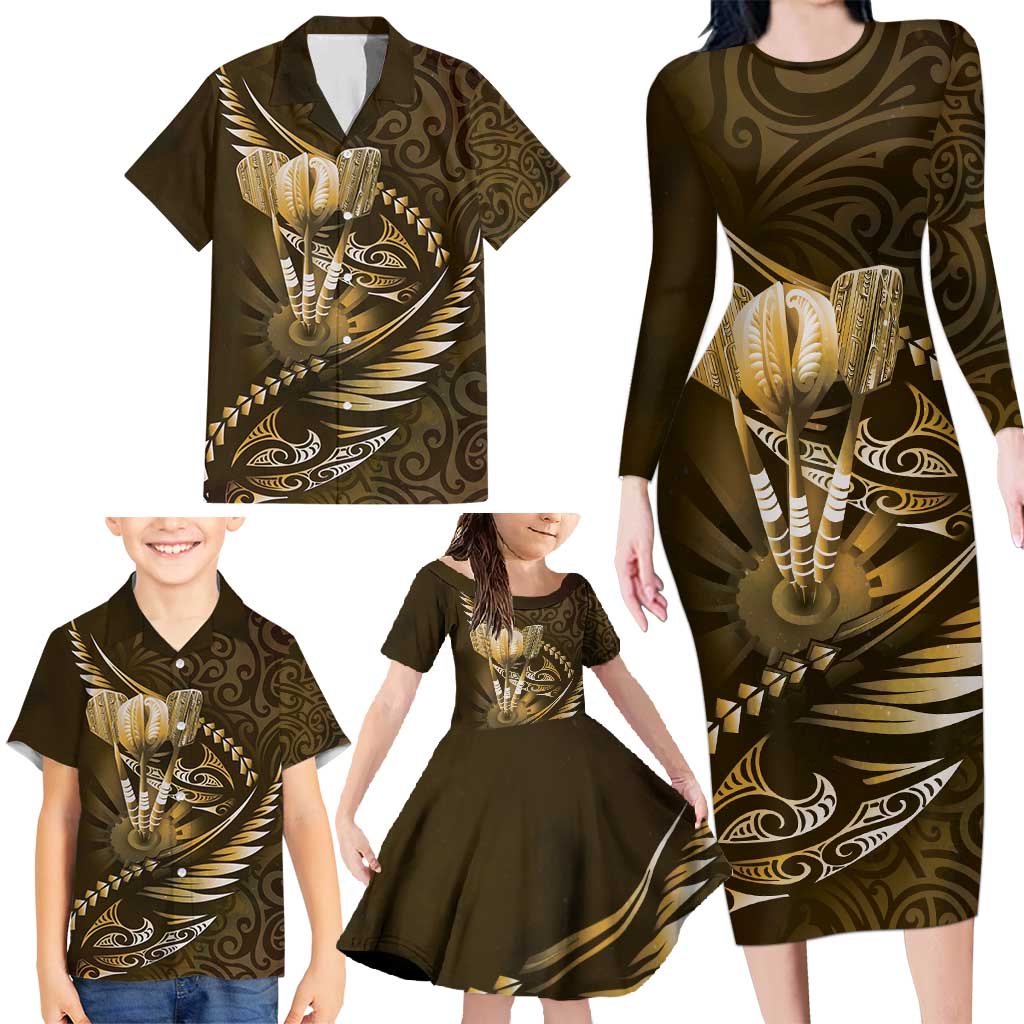 Personalised All Gold New Zealand Darts Family Matching Long Sleeve Bodycon Dress and Hawaiian Shirt Aoteroa Fern Maori Galaxy Style LT14 - Polynesian Pride