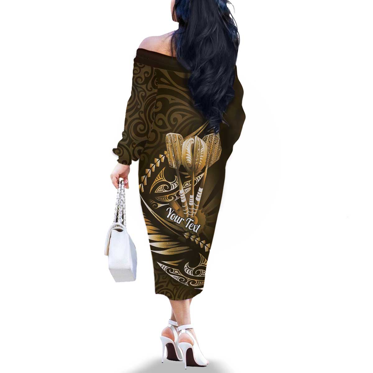 Personalised All Gold New Zealand Darts Family Matching Off The Shoulder Long Sleeve Dress and Hawaiian Shirt Aoteroa Fern Maori Galaxy Style LT14 - Polynesian Pride