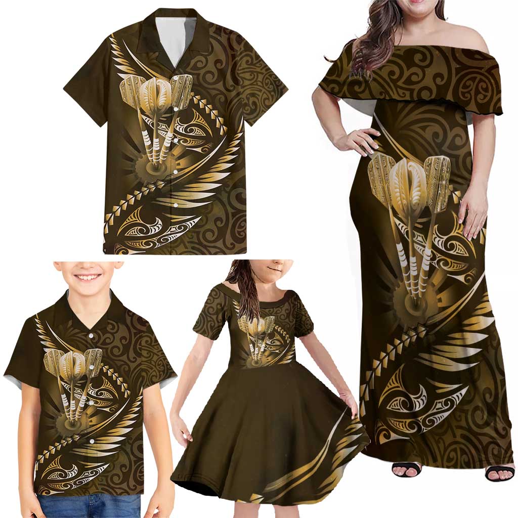 Personalised All Gold New Zealand Darts Family Matching Off Shoulder Maxi Dress and Hawaiian Shirt Aoteroa Fern Maori Galaxy Style LT14 - Polynesian Pride
