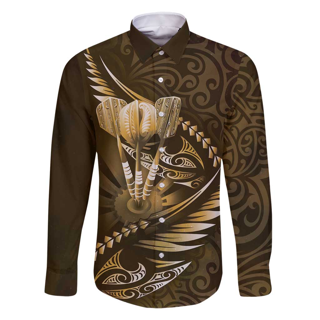Personalised All Gold New Zealand Darts Family Matching Off Shoulder Maxi Dress and Hawaiian Shirt Aoteroa Fern Maori Galaxy Style LT14 Dad's Shirt - Long Sleeve Gold - Polynesian Pride