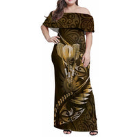 Personalised All Gold New Zealand Darts Family Matching Off Shoulder Maxi Dress and Hawaiian Shirt Aoteroa Fern Maori Galaxy Style LT14 Mom's Dress Gold - Polynesian Pride