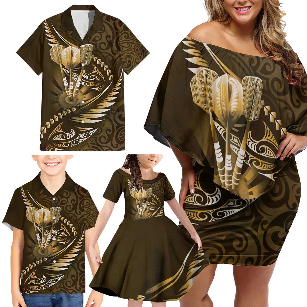 Personalised All Gold New Zealand Darts Family Matching Off Shoulder Short Dress and Hawaiian Shirt Aoteroa Fern Maori Galaxy Style LT14 - Polynesian Pride
