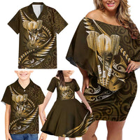 Personalised All Gold New Zealand Darts Family Matching Off Shoulder Short Dress and Hawaiian Shirt Aoteroa Fern Maori Galaxy Style LT14 - Polynesian Pride