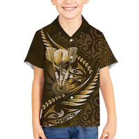 Personalised All Gold New Zealand Darts Family Matching Off Shoulder Short Dress and Hawaiian Shirt Aoteroa Fern Maori Galaxy Style LT14 Son's Shirt Gold - Polynesian Pride