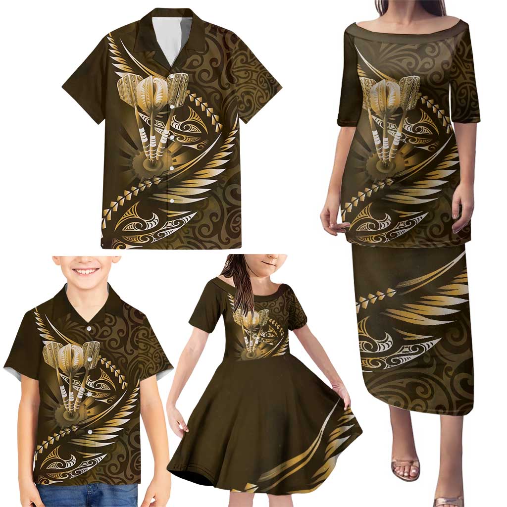 Personalised All Gold New Zealand Darts Family Matching Puletasi and Hawaiian Shirt Aoteroa Fern Maori Galaxy Style LT14 - Polynesian Pride
