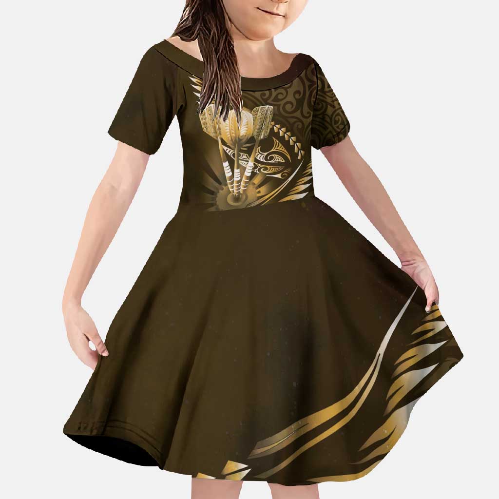 Personalised All Gold New Zealand Darts Family Matching Short Sleeve Bodycon Dress and Hawaiian Shirt Aoteroa Fern Maori Galaxy Style LT14 Daughter's Dress Gold - Polynesian Pride