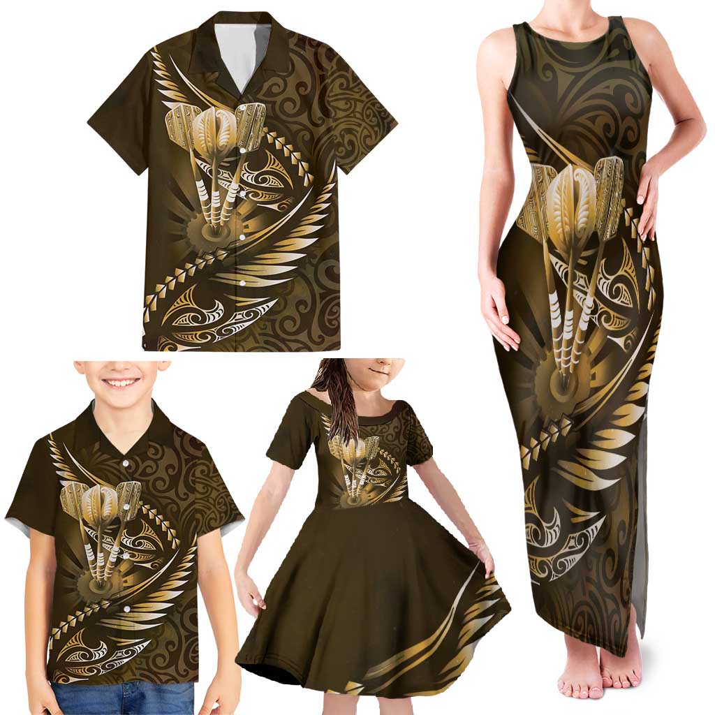 Personalised All Gold New Zealand Darts Family Matching Tank Maxi Dress and Hawaiian Shirt Aoteroa Fern Maori Galaxy Style