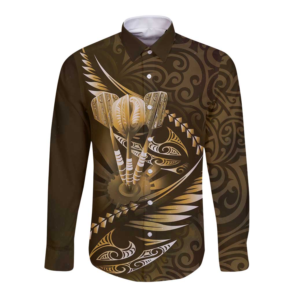 Personalised All Gold New Zealand Darts Long Sleeve Button Shirt Aoteroa Fern Maori Galaxy Style LT14 Unisex Gold - Polynesian Pride