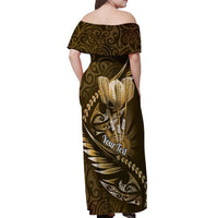 Personalised All Gold New Zealand Darts Off Shoulder Maxi Dress Aoteroa Fern Maori Galaxy Style LT14 - Polynesian Pride