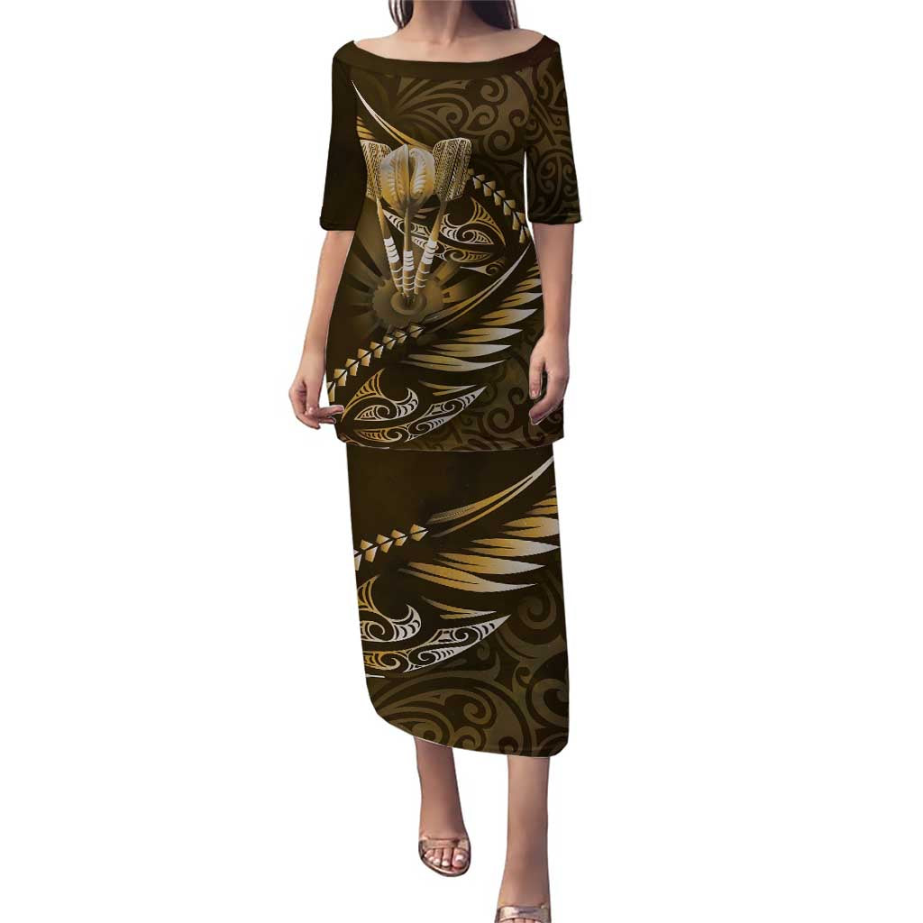Personalised All Gold New Zealand Darts Puletasi Aoteroa Fern Maori Galaxy Style LT14 Long Dress Gold - Polynesian Pride