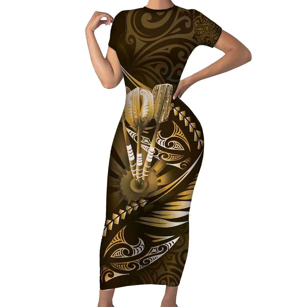 Personalised All Gold New Zealand Darts Short Sleeve Bodycon Dress Aoteroa Fern Maori Galaxy Style LT14 Long Dress Gold - Polynesian Pride