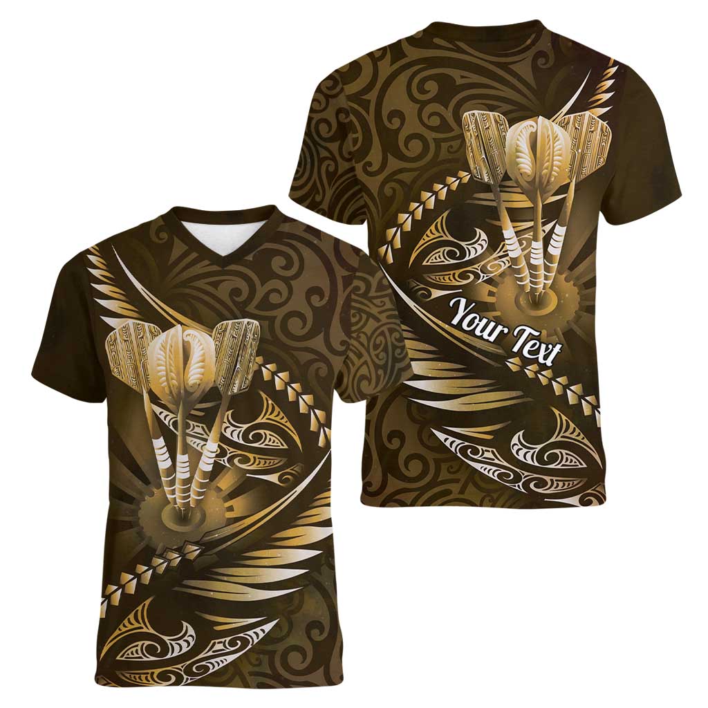 Personalised All Gold New Zealand Darts Women V-Neck T-Shirt Aoteroa Fern Maori Galaxy Style LT14 - Polynesian Pride