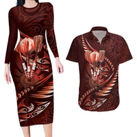Personalised All Red New Zealand Darts Couples Matching Long Sleeve Bodycon Dress and Hawaiian Shirt Aoteroa Fern Maori Galaxy Style LT14 Red - Polynesian Pride