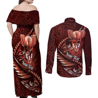 Personalised All Red New Zealand Darts Couples Matching Off Shoulder Maxi Dress and Long Sleeve Button Shirt Aoteroa Fern Maori Galaxy Style