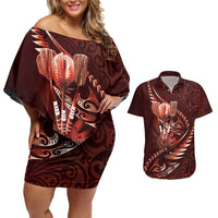 Personalised All Red New Zealand Darts Couples Matching Off Shoulder Short Dress and Hawaiian Shirt Aoteroa Fern Maori Galaxy Style LT14 Red - Polynesian Pride