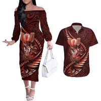 Personalised All Red New Zealand Darts Couples Matching Off The Shoulder Long Sleeve Dress and Hawaiian Shirt Aoteroa Fern Maori Galaxy Style LT14 Red - Polynesian Pride