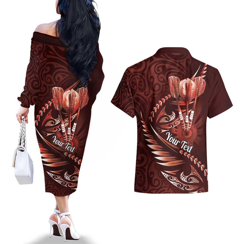 Personalised All Red New Zealand Darts Couples Matching Off The Shoulder Long Sleeve Dress and Hawaiian Shirt Aoteroa Fern Maori Galaxy Style LT14 - Polynesian Pride