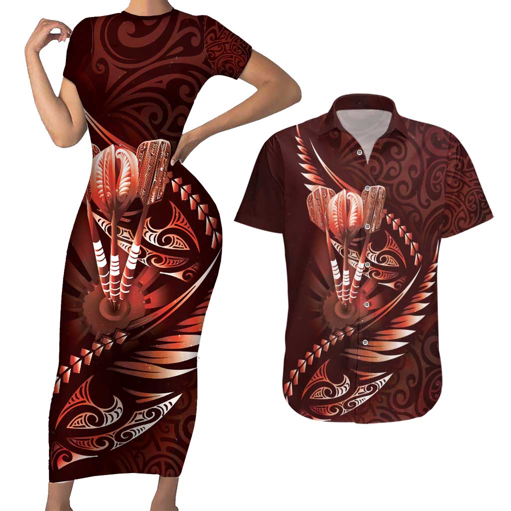 Personalised All Red New Zealand Darts Couples Matching Short Sleeve Bodycon Dress and Hawaiian Shirt Aoteroa Fern Maori Galaxy Style LT14 Red - Polynesian Pride