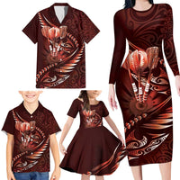 Personalised All Red New Zealand Darts Family Matching Long Sleeve Bodycon Dress and Hawaiian Shirt Aoteroa Fern Maori Galaxy Style LT14 - Polynesian Pride