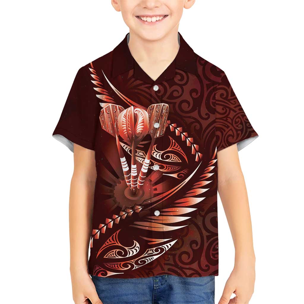 Personalised All Red New Zealand Darts Family Matching Off Shoulder Short Dress and Hawaiian Shirt Aoteroa Fern Maori Galaxy Style LT14 Son's Shirt Red - Polynesian Pride