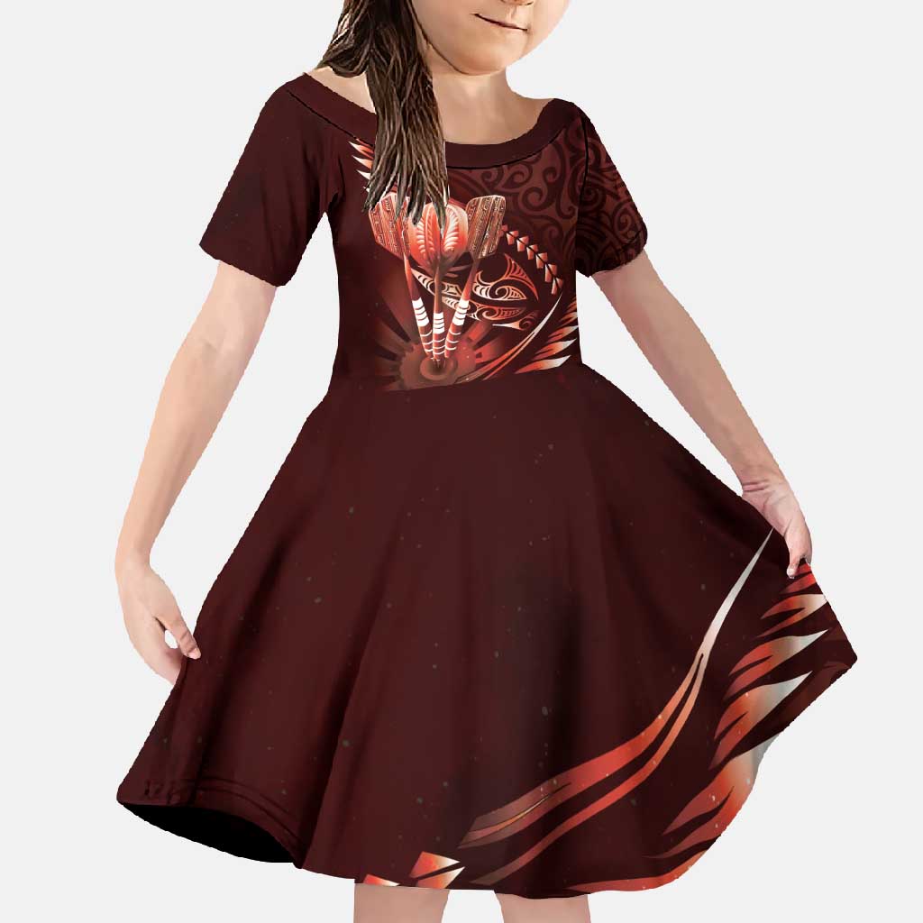Personalised All Red New Zealand Darts Family Matching Short Sleeve Bodycon Dress and Hawaiian Shirt Aoteroa Fern Maori Galaxy Style LT14 Daughter's Dress Red - Polynesian Pride